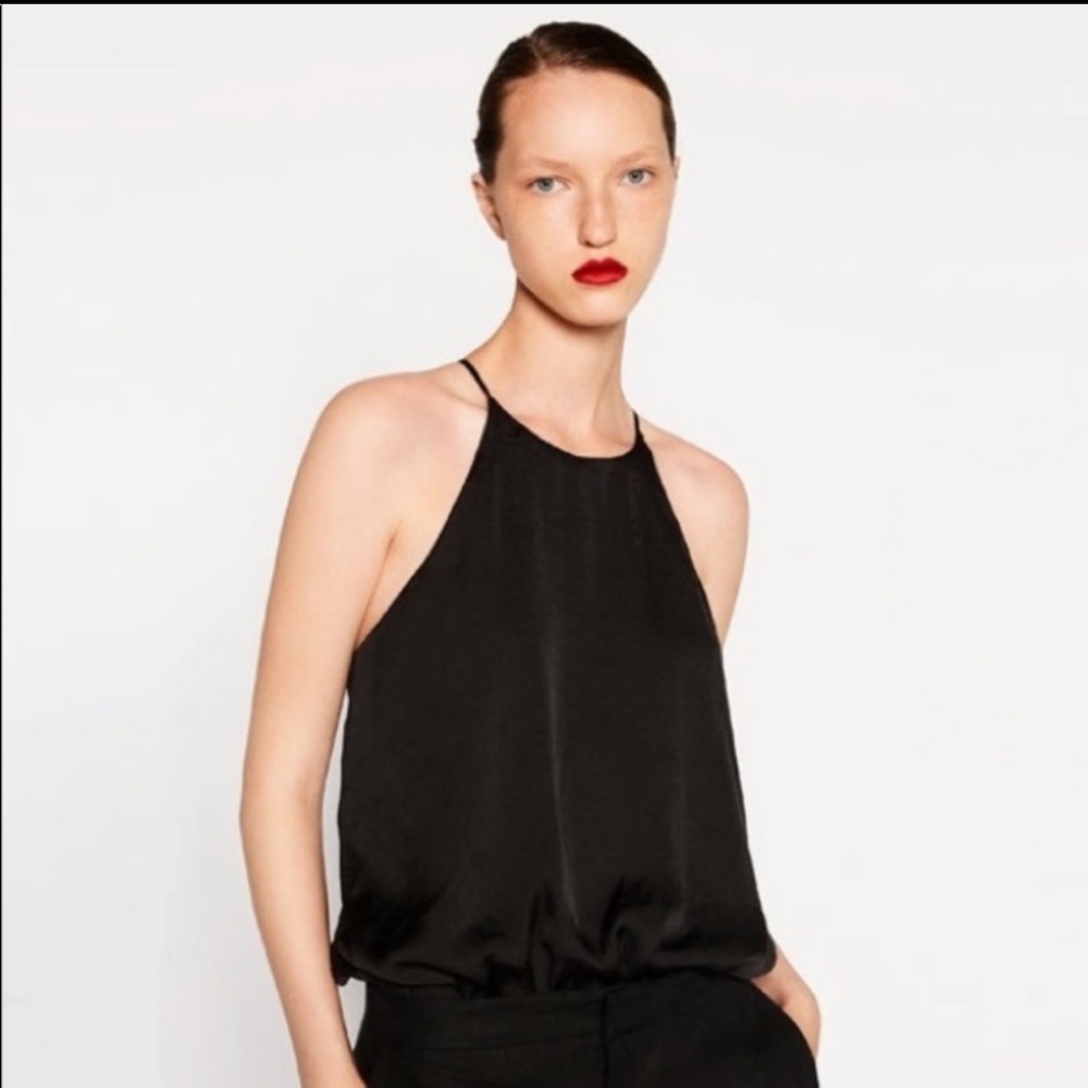 Zara Black Spaghetti Strap Satin Look Bodysuit Size Small